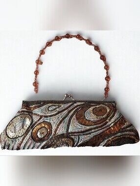Vintage Y2K Beaded Sequin Clutch in Bronze Silver Peacock Pattern